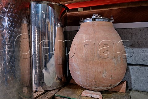 Fermenting Pinot Gris and Pinot Noir of Domaine Hugo in amphora in winery of Offbeat Wines Botleys Farm  Downton Wiltshire England