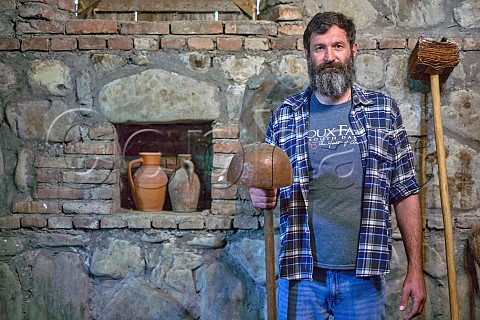 Shota Lagazi with traditional winemaking tools Lagazi Wine Cellar Kakheti Georgia