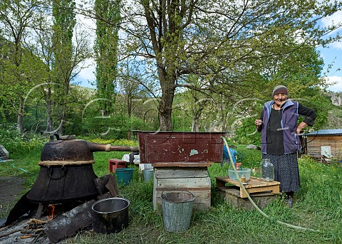 Old woman distilling grapes to make chacha Meskheti Valley Georgia