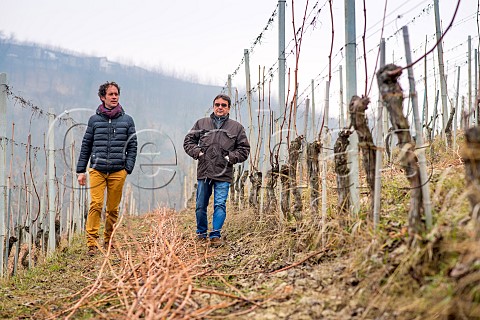 Luciano Pira and Walter Anselma in Prap vineyard of Azienda Agricola Schiavenza Serralunga dAlba Piemonte Italy Barolo